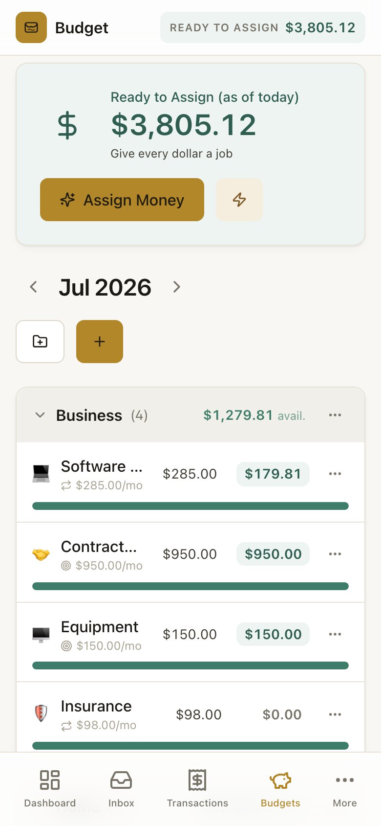 A budgeting app — ready-to-assign at the top, envelope categories below