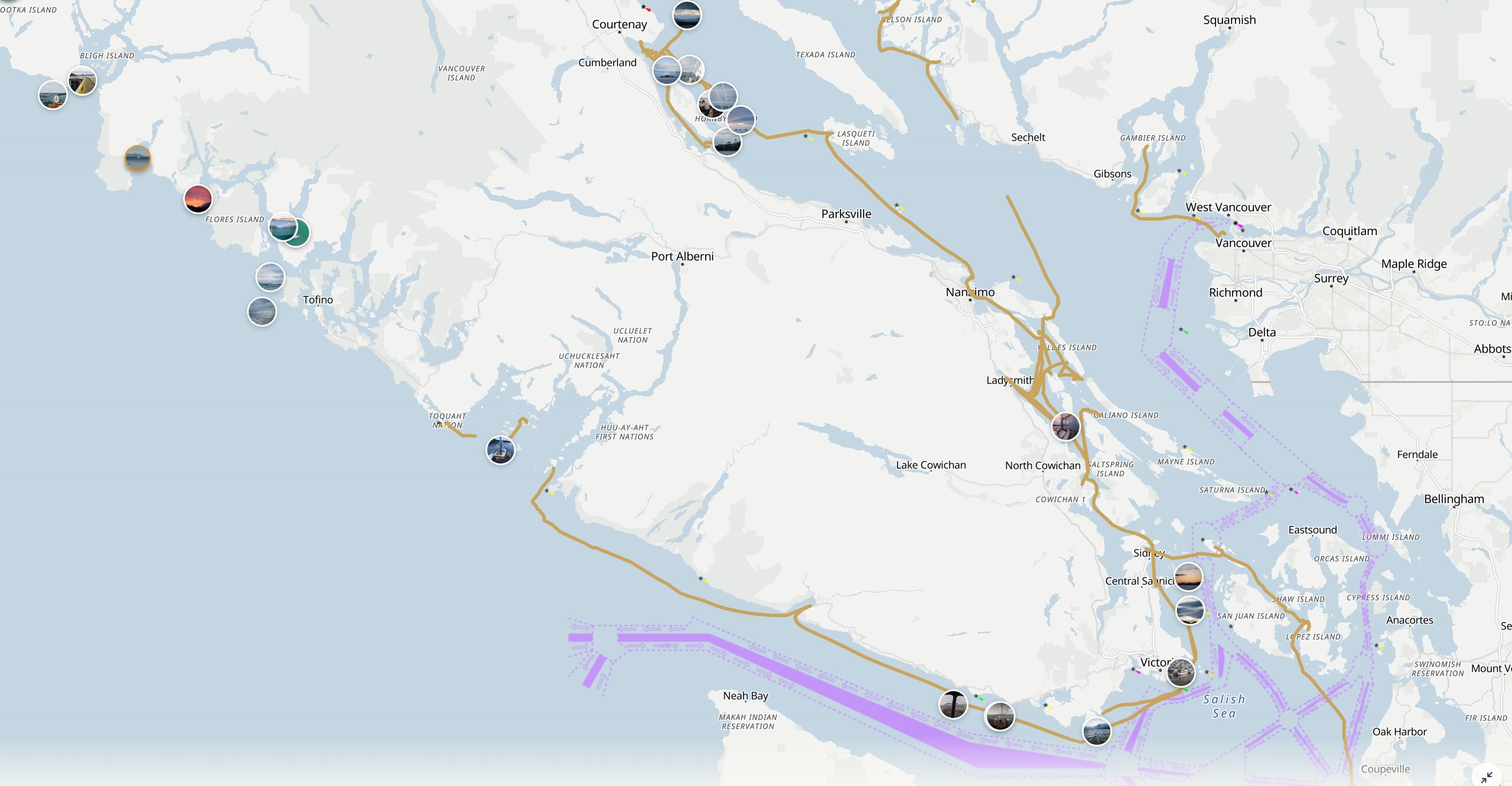 Jura's Log — live map of sailing tracks along Vancouver Island, photos pinned along the route