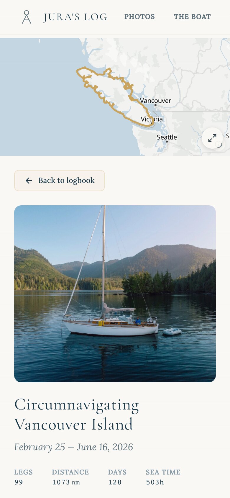 A voyage page on the phone — the circumnavigation track and the voyage's real numbers