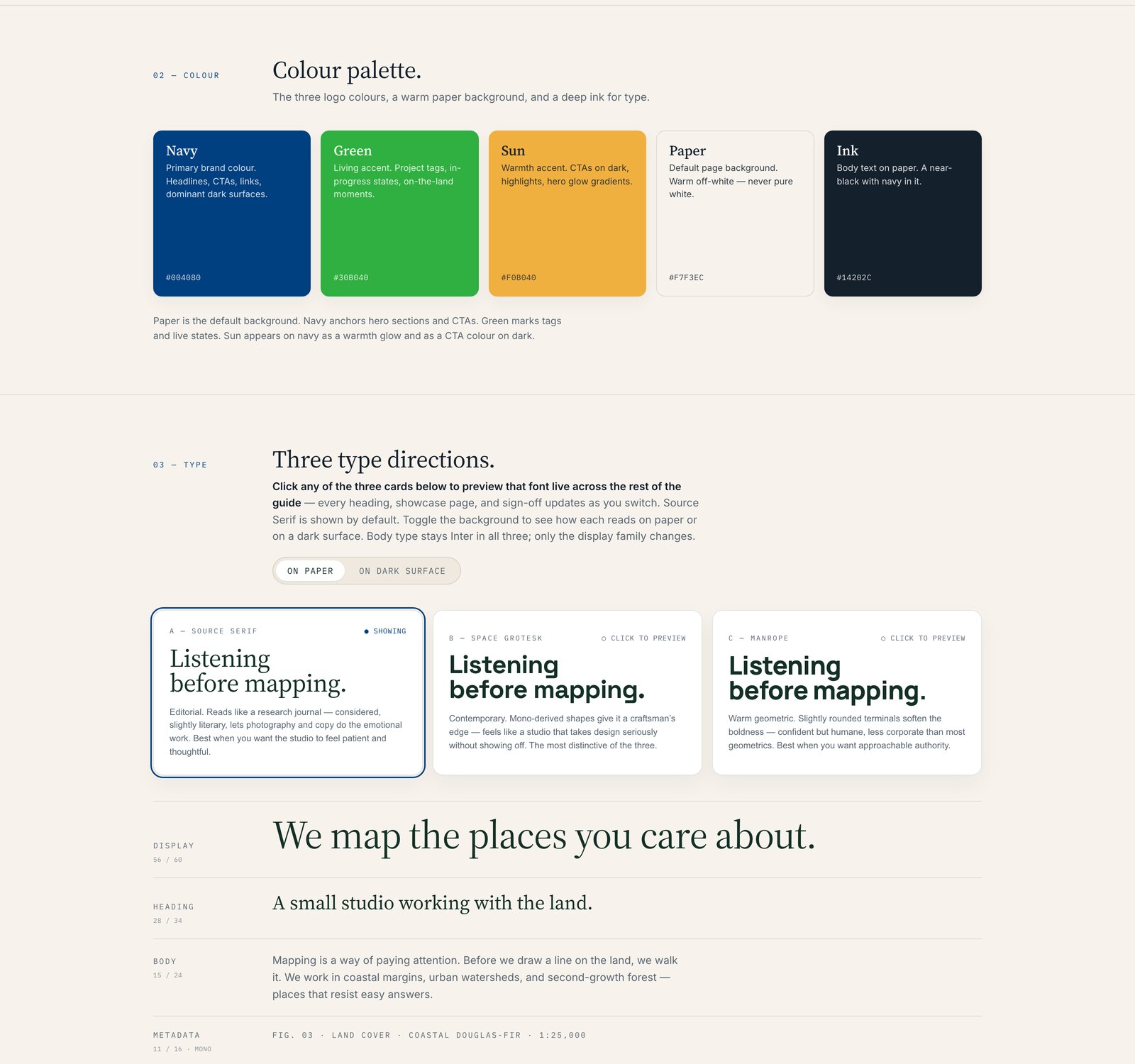 The Overstory design system — palette swatch cards, three type directions, the type scale
